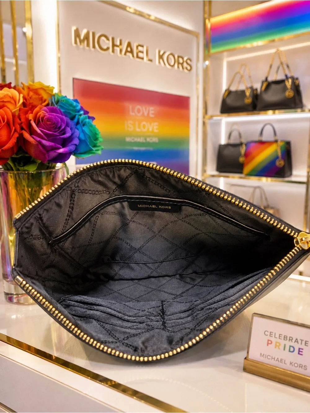 Michael Kors Black Wristlet Clutch with Rainbow Logo Patch